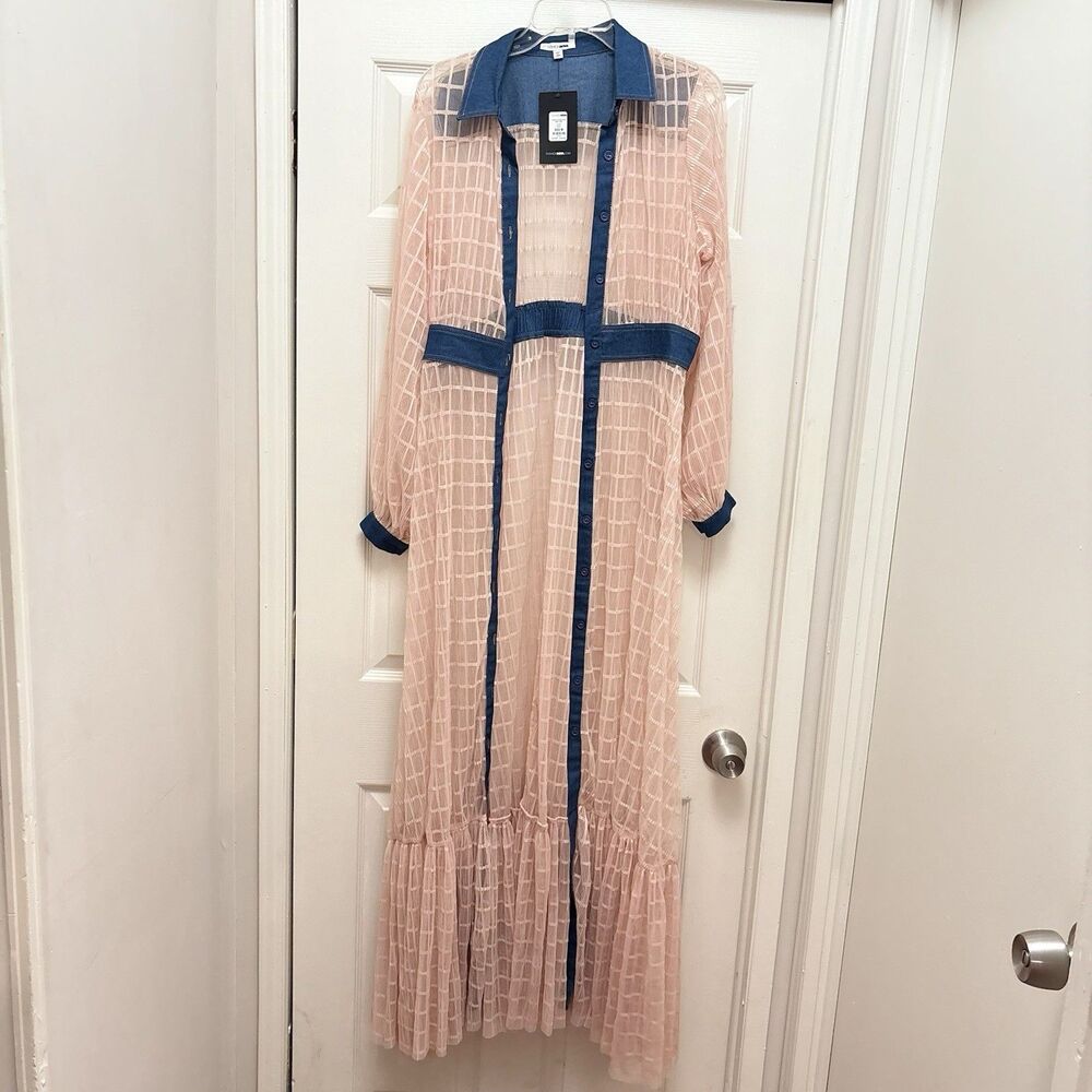 Fashion Nova Window Of Opportunity Mesh Dress Blush Pink Denim Trim Maxi Med NWT